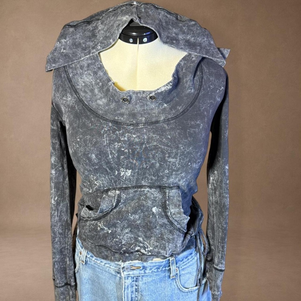 Y2K Gothic Grunge Mineral Wash Cowl Neck Hoodie Rhinestone Butterfly Top